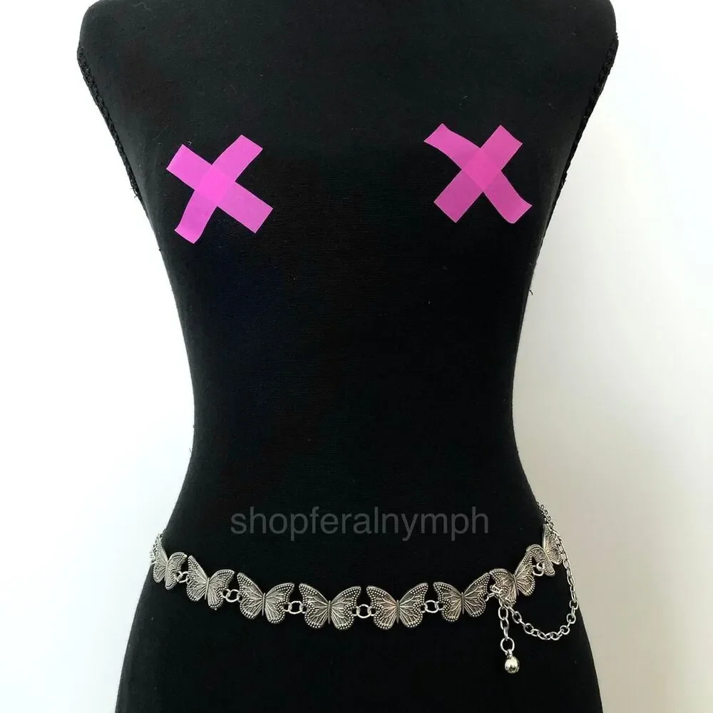 Vintage Y2K Silver Butterfly Chain Belt, Fits 12–36 Inches, X7GA1225
